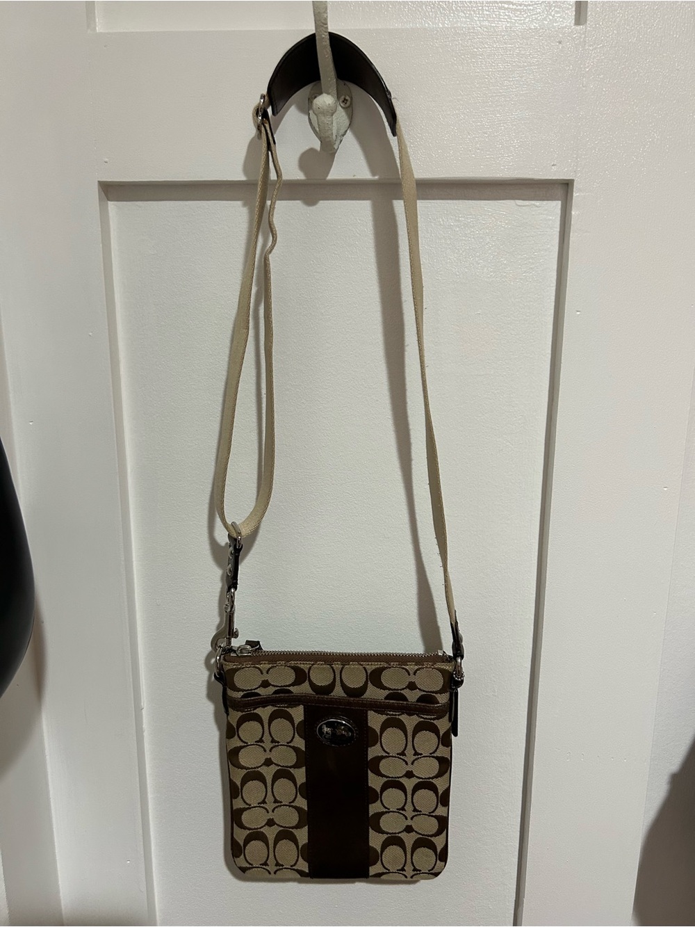 Coach Small Crossbody in Brown and Tan Signature Print